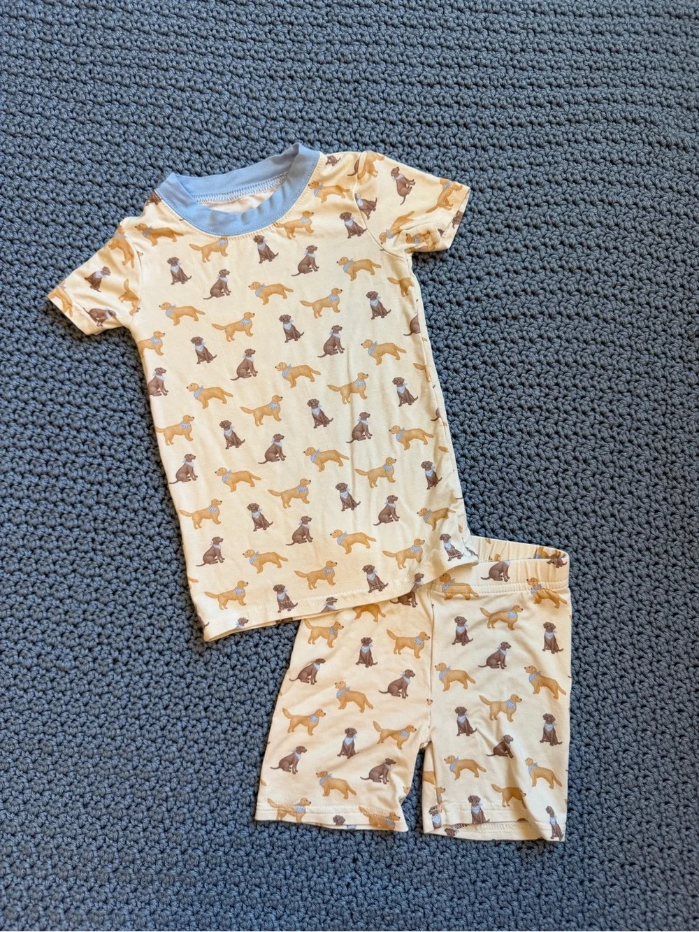 Stitchy Fish Bamboo Short Sleeve Dog Print Pajama Set - Blue Trim